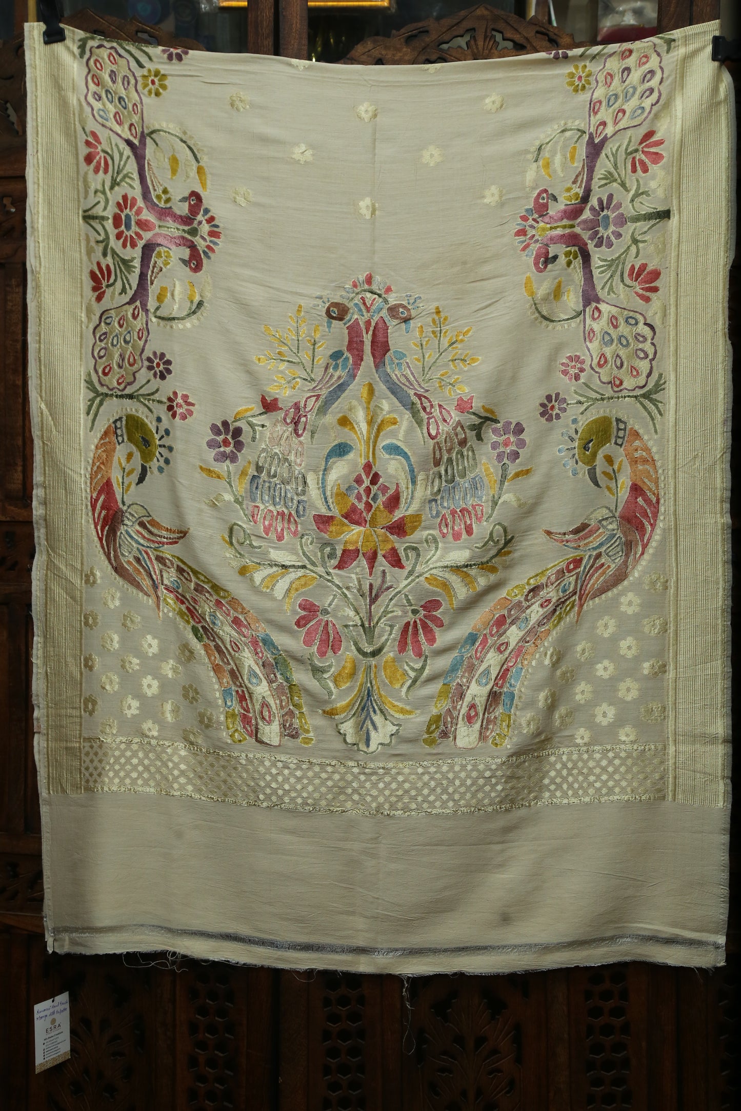 Esra's Handloom Banarasi Hand Brush Semi Moonga Silk Peacock Design Floral Dupatta