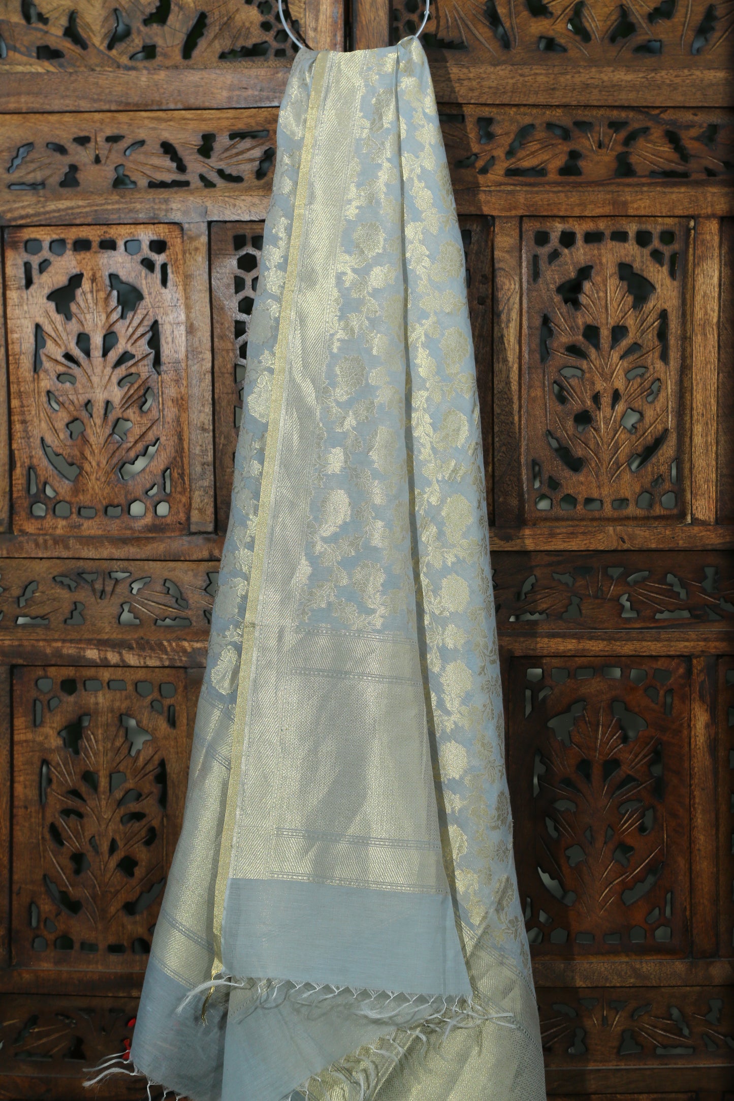 Esra's Handloom Banarasi Cotton Kora Silk Zari Cutwork Jaal and Booti Dupatta