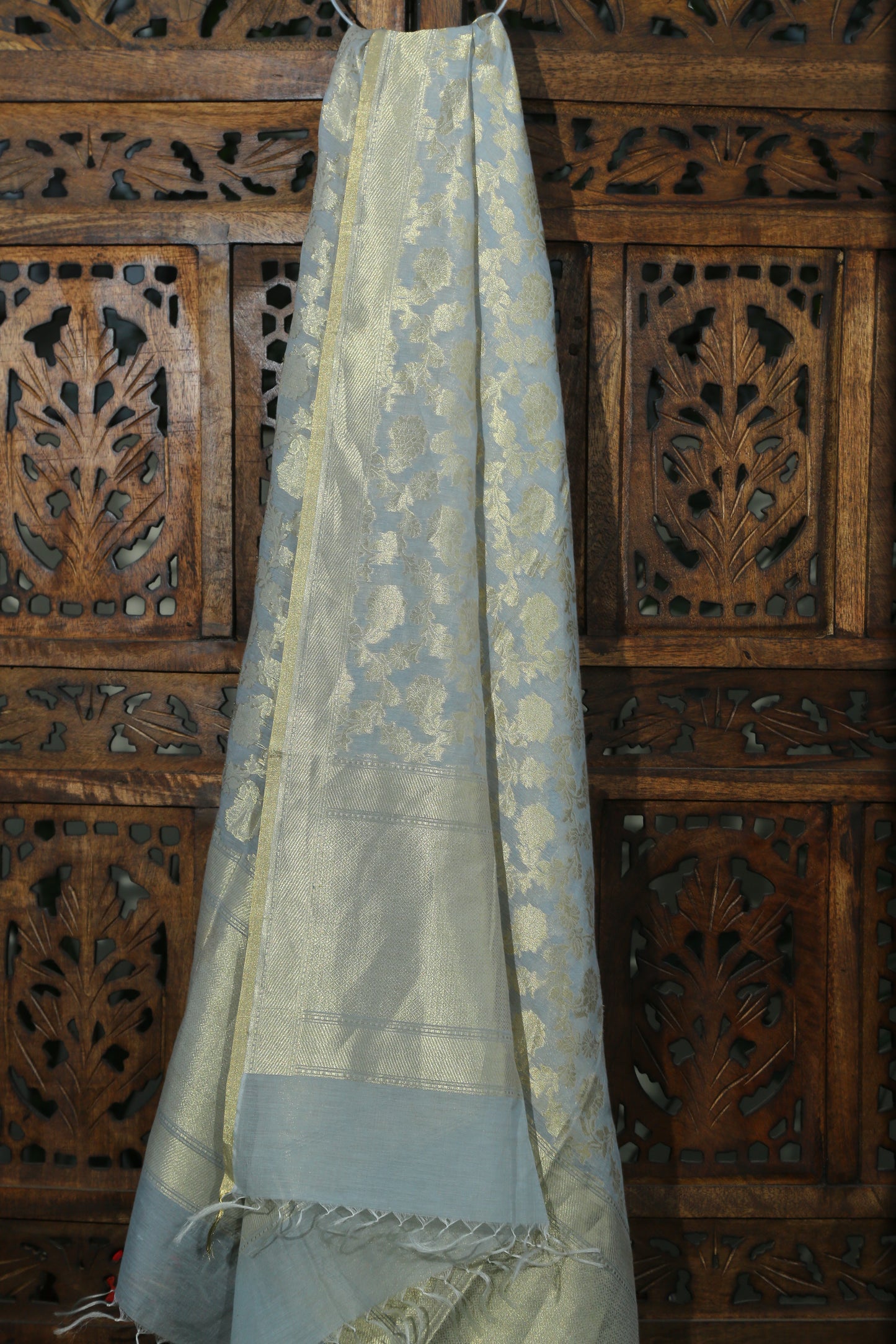 Esra's Handloom Banarasi Cotton Kora Silk Zari Cutwork Jaal and Booti Dupatta