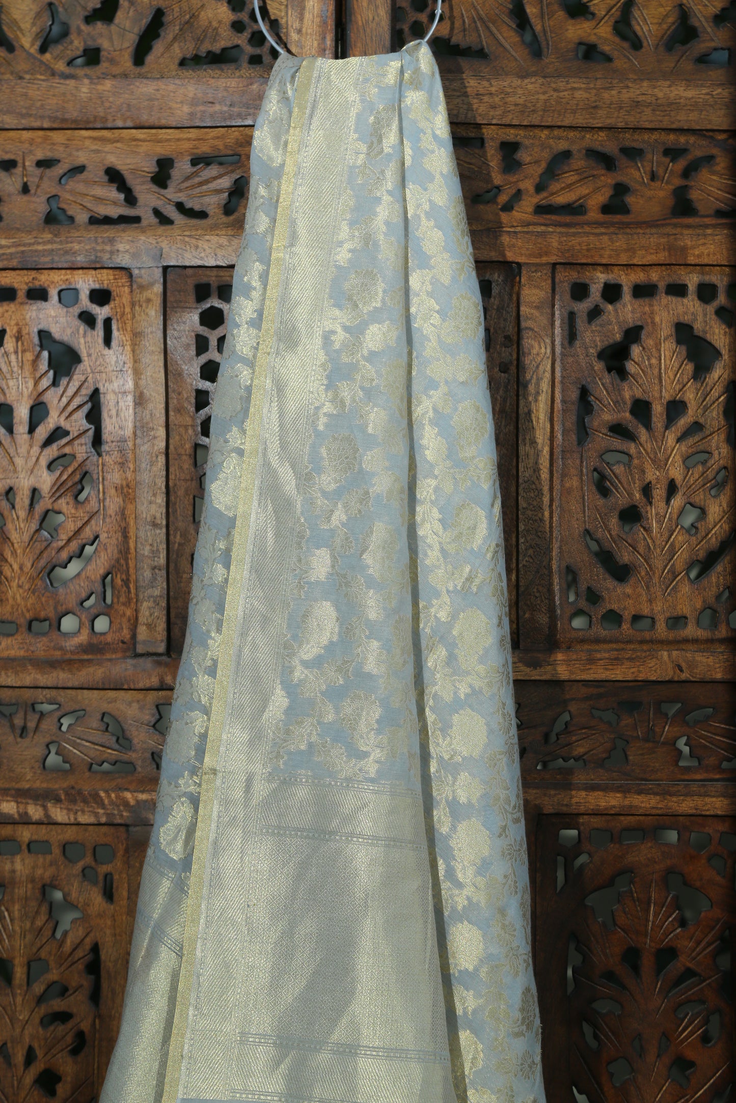 Esra's Handloom Banarasi Cotton Kora Silk Zari Cutwork Jaal and Booti Dupatta