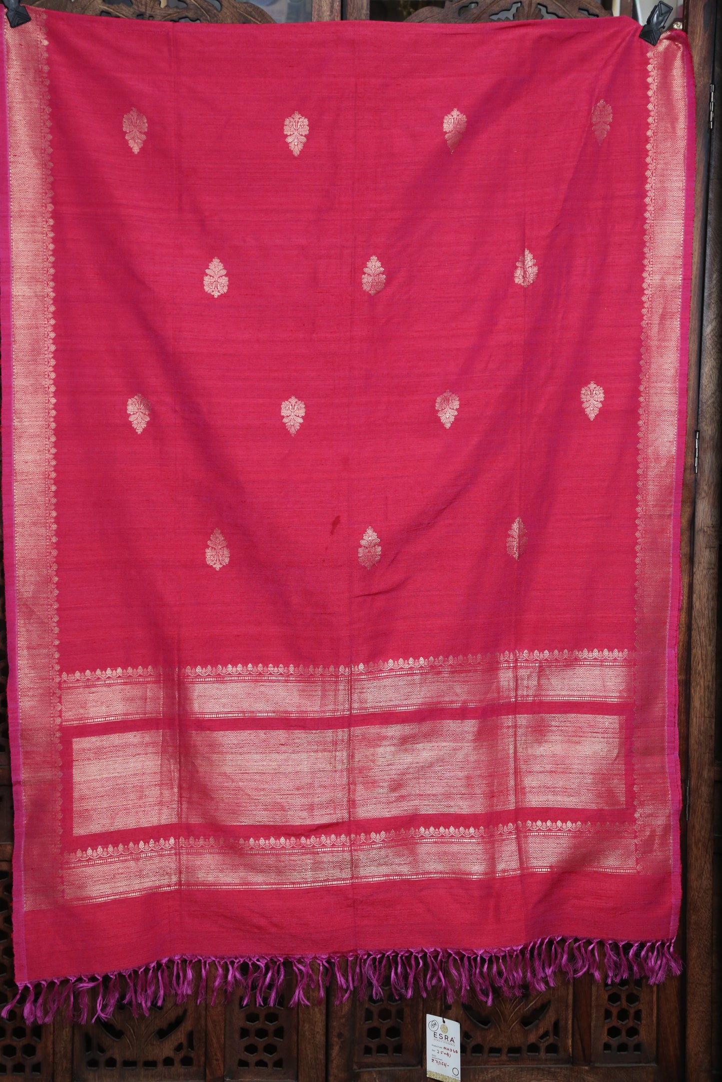 Esra's Handloom Dupion Silk Zari Booti Bright Pink Colored Dupatta