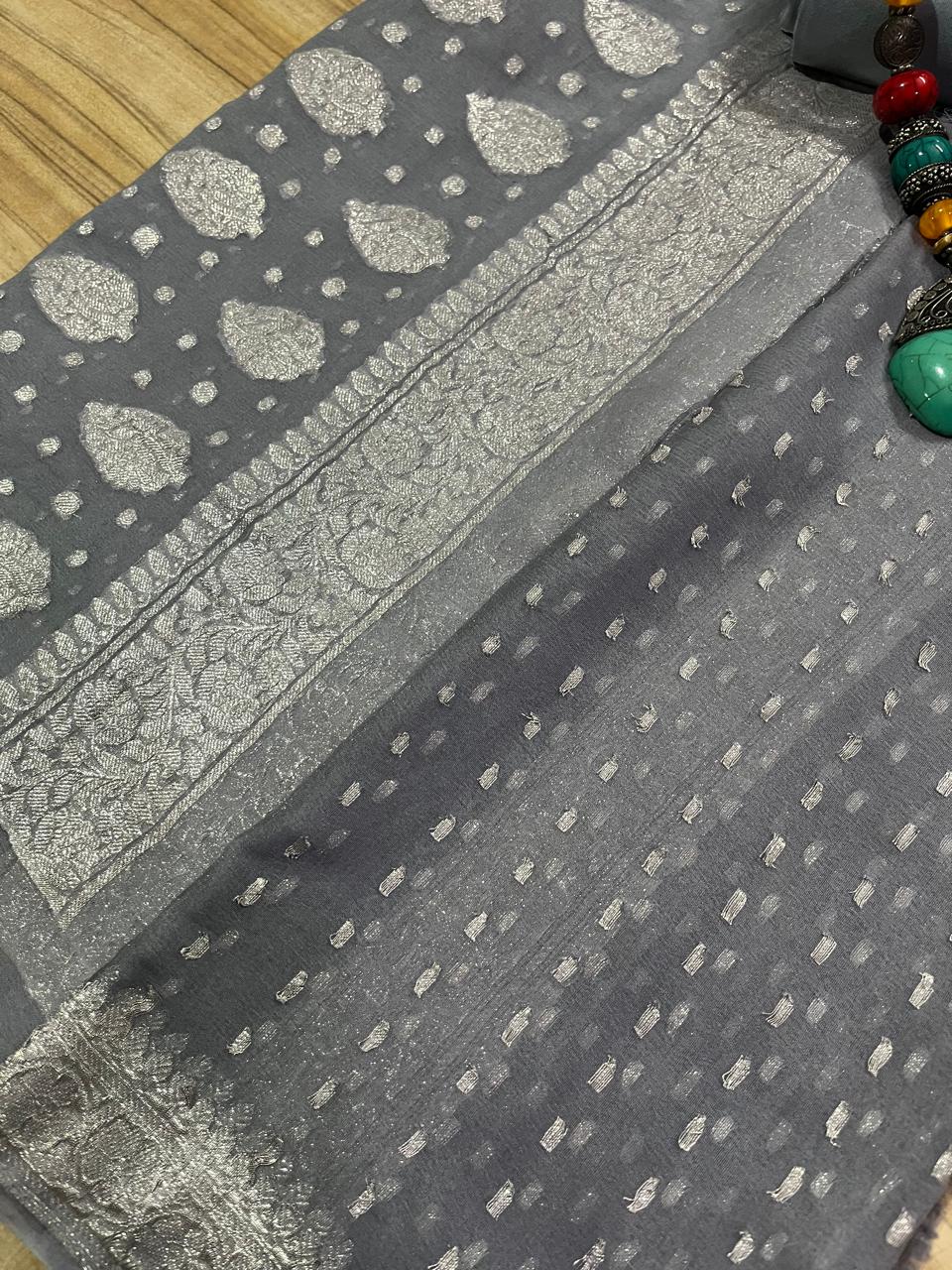 Esra's Handloom/Hand Woven Banarasi 3 Pc Chiffon Khaddi Georgette Fabric.