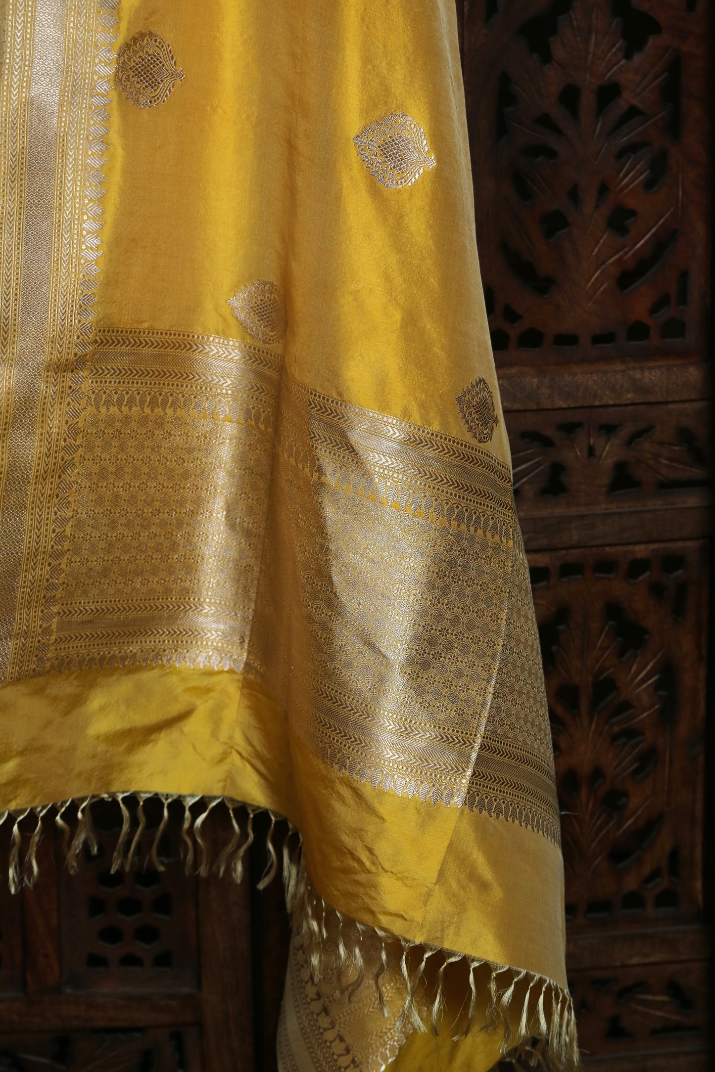 Esra's Handloom Banarasi Katan Silk Zari Kadwa Booti Mustard Colored Dupatta