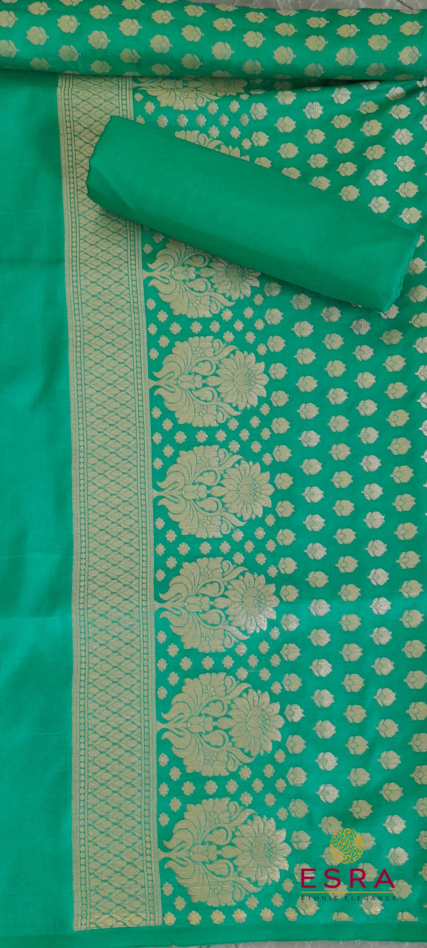 Esra's Handloom/Hand Woven Banarasi 3 Pc Semi Katan Silk Fabric.