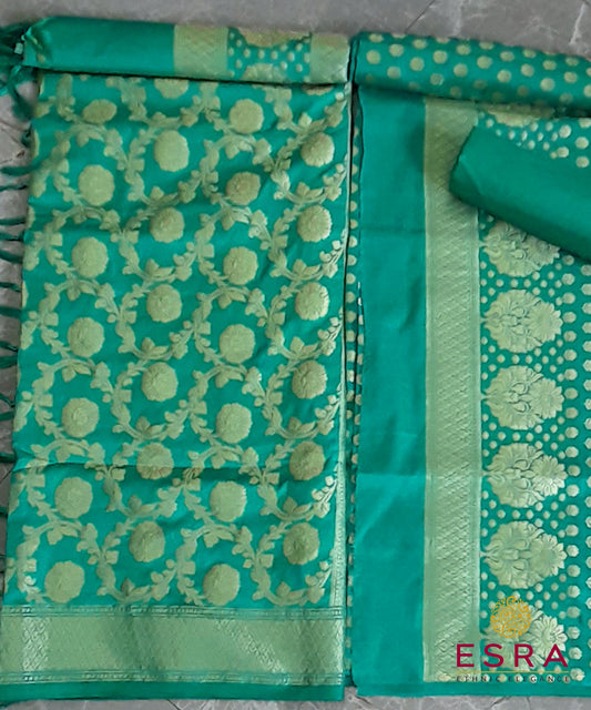 Esra's Handloom/Hand Woven Banarasi 3 Pc Semi Katan Silk Fabric.