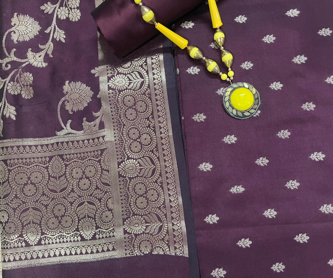 Esra's Handloom/Hand Woven Banarasi 3 Pc Semi Katan Silk Fabric.