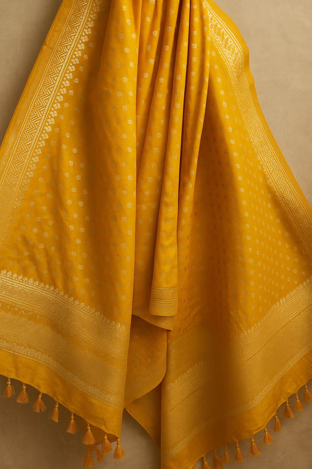 Esra's Handloom Banarasi Semi-Silk Yellow Colored Zari Zari Booti Dupatta