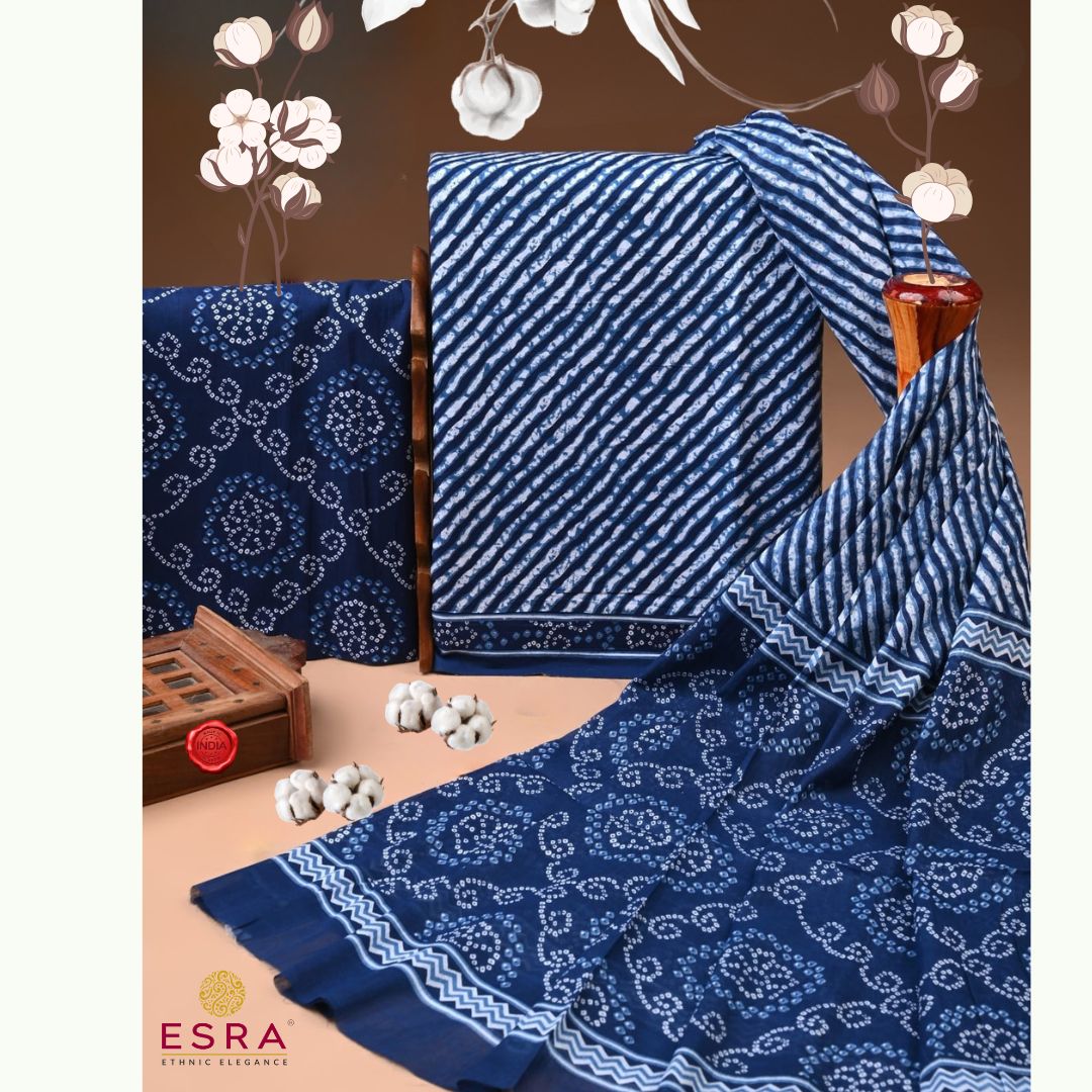 Esra's 3 pc Dark Navy Blue and White Cotton Suit Fabric