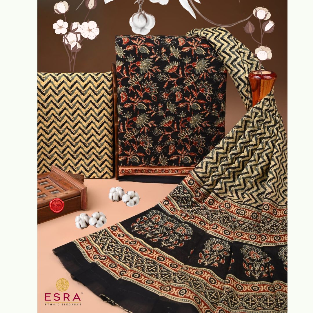 Esra's 3 pc Black and Maroon Cotton Suit Fabric
