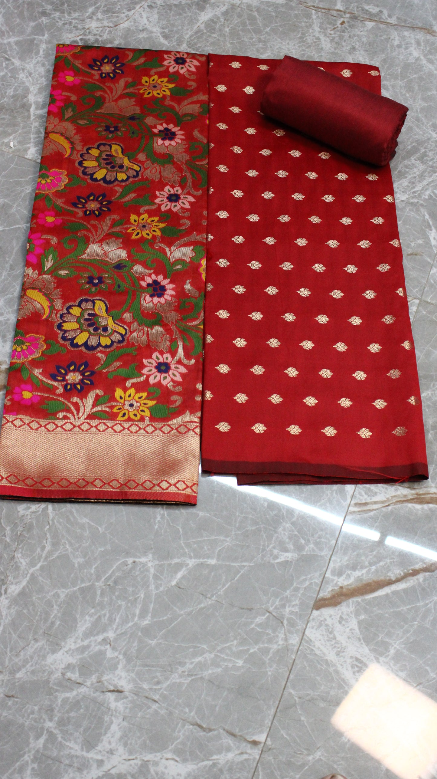 Esra's Handloom/Hand Woven Banarasi 3 Pc Semi Katan Silk Fabric.