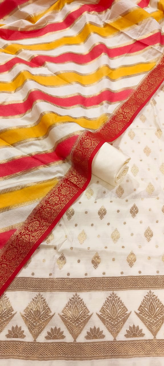 Esra's Handloom/Hand Woven Banarasi 3 Pc Cotton Chanderi Silk Fabric.