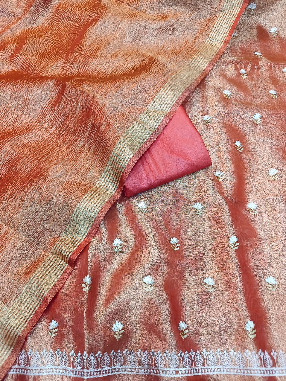 Esra's Handloom/Hand Woven Banarasi 3 Pc Semi Tissue Fabric.