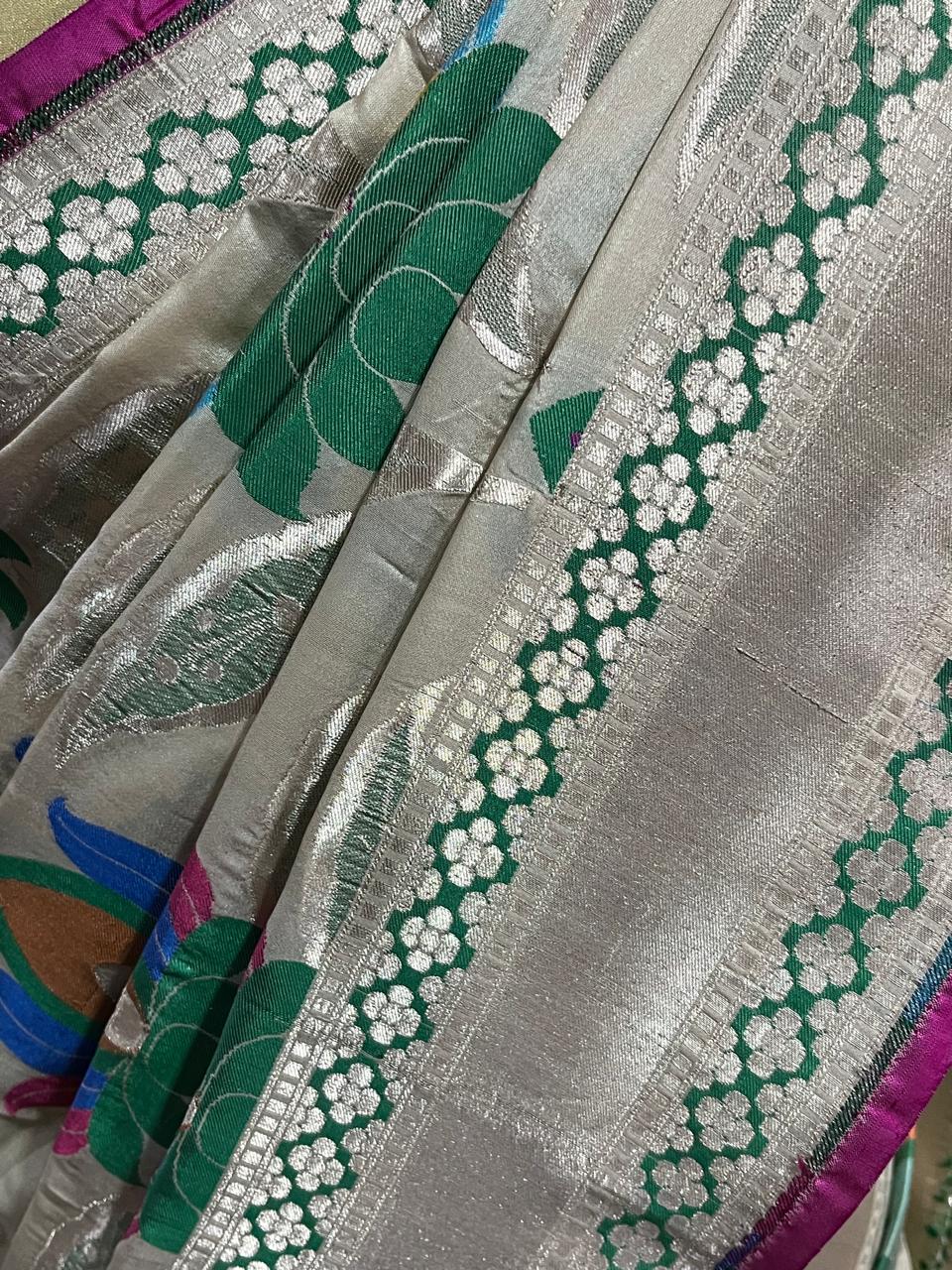 Esra's Handloom/Handwoven Banarasi Kadwa Weave Cut Work Katan Silk Saree