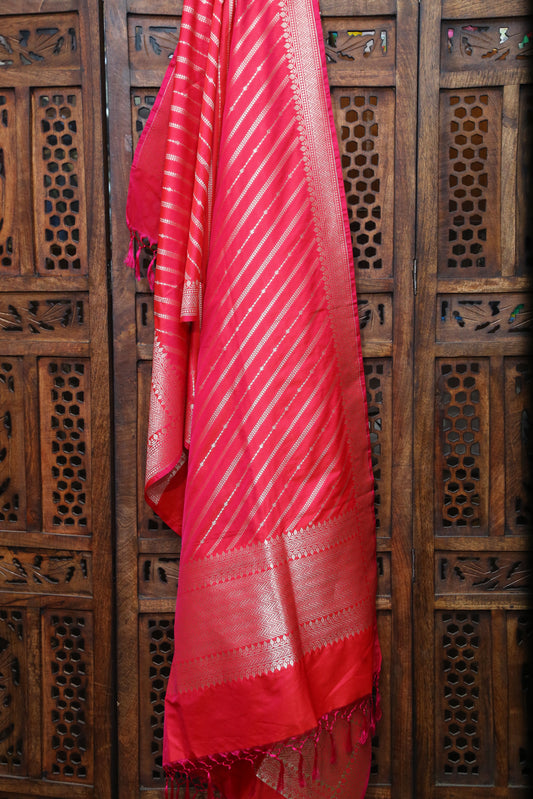 Esra's Handloom Banarasi Semi-Silk Zari Jaal Bright Magenta Colored Dupatta