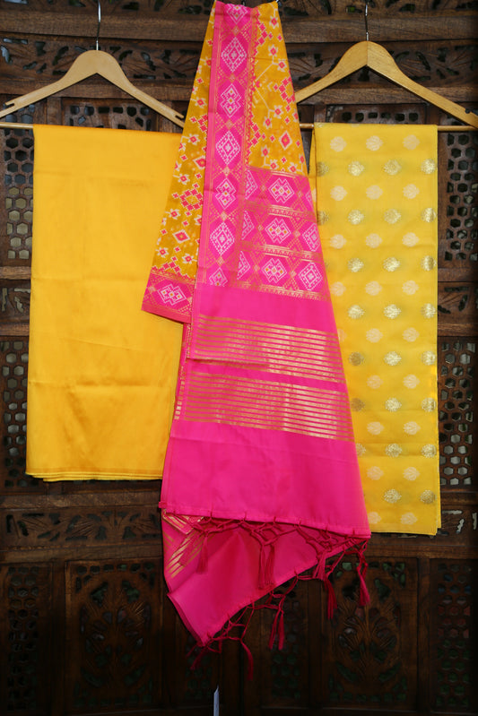 Esra's Handloom/Hand Woven Banarasi 3 Pc Semi Katan Silk Fabric.