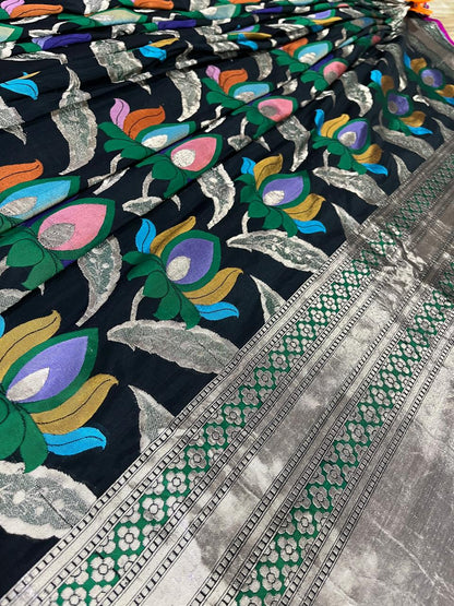 Esra's Handloom/Handwoven Banarasi Kadwa Weave Cut Work Katan Silk Saree