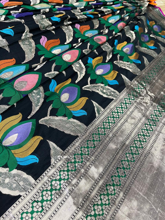 Esra's Handloom/Handwoven Banarasi Kadwa Weave Cut Work Katan Silk Saree