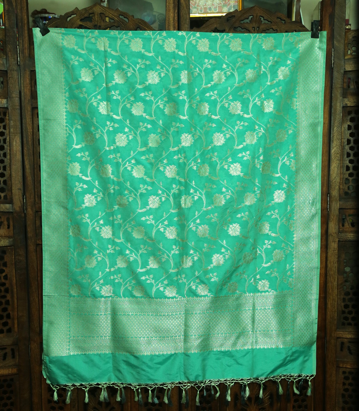 Esra's Handloom Banarasi Semi-Silk Sea Green Colored Zari Floral Jaal Kadwa Booti Dupatta
