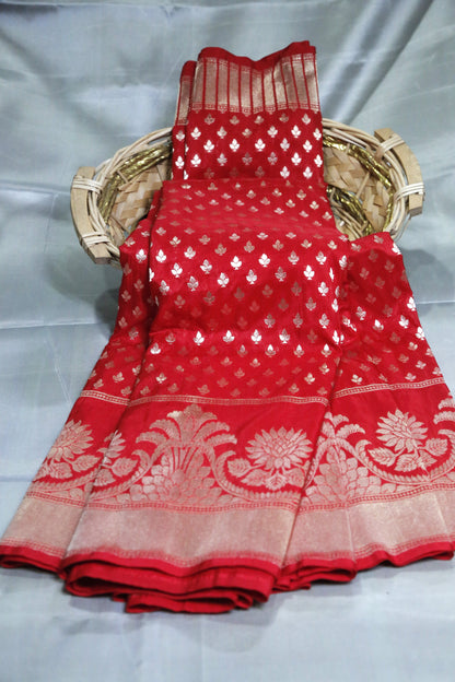 Esra's Handloom/Handwoven Banarasi Red Colored Zari Weaved Katan Silk saree