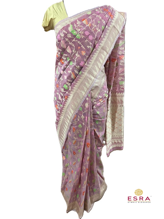 Esra's Handloom/Handwoven Banarasi Kora Silk Saree With Tilfi Mina Work