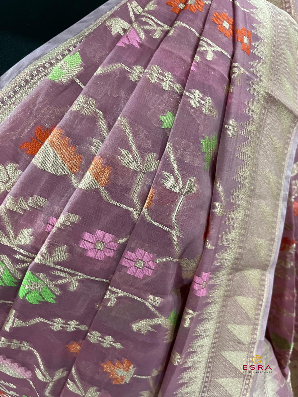 Esra's Handloom/Handwoven Banarasi Kora Silk Saree With Tilfi Mina Work