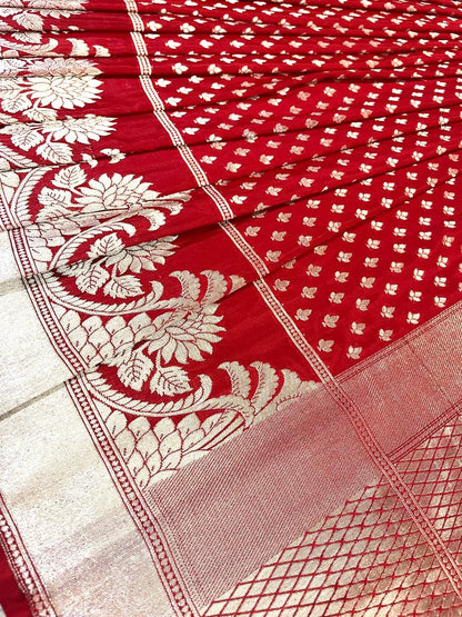 Esra's Handloom/Handwoven Banarasi Red Colored Zari Weaved Katan Silk saree