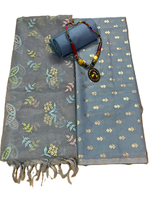 Esra's Handloom/Hand Woven Banarasi 3 Pc Mercerised Lurex Cotton Fabric .