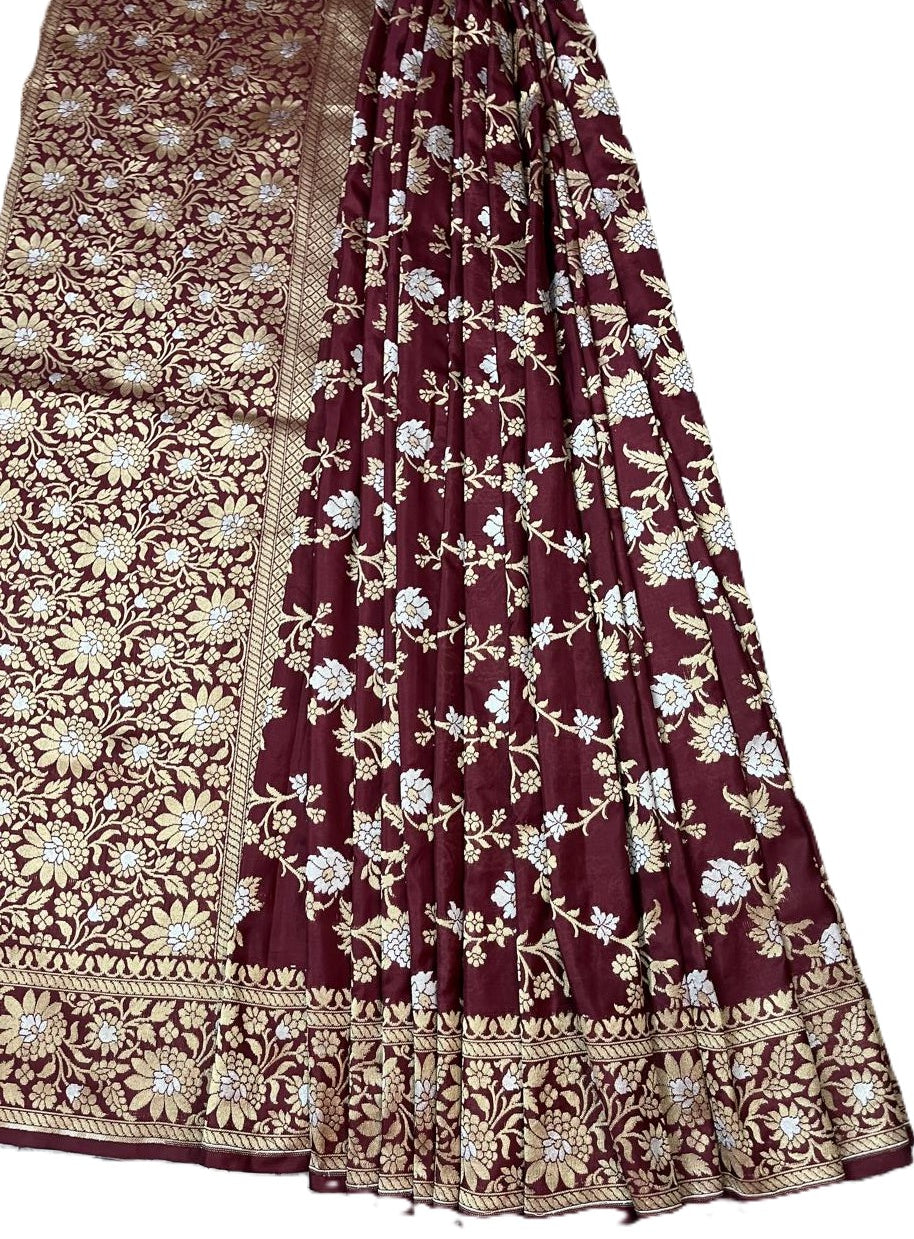 Esra's Handloom/Handwoven Banarasi Gold & Brown Kadwa Weave Katan Silk Saree