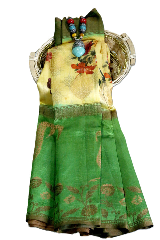 Esra's Handloom/Handwoven Banarasi Kora Silk Printed Saree