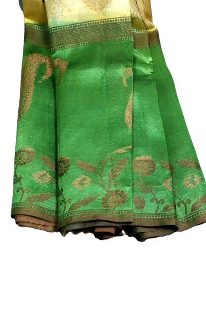 Esra's Handloom/Handwoven Banarasi Kora Silk Printed Saree