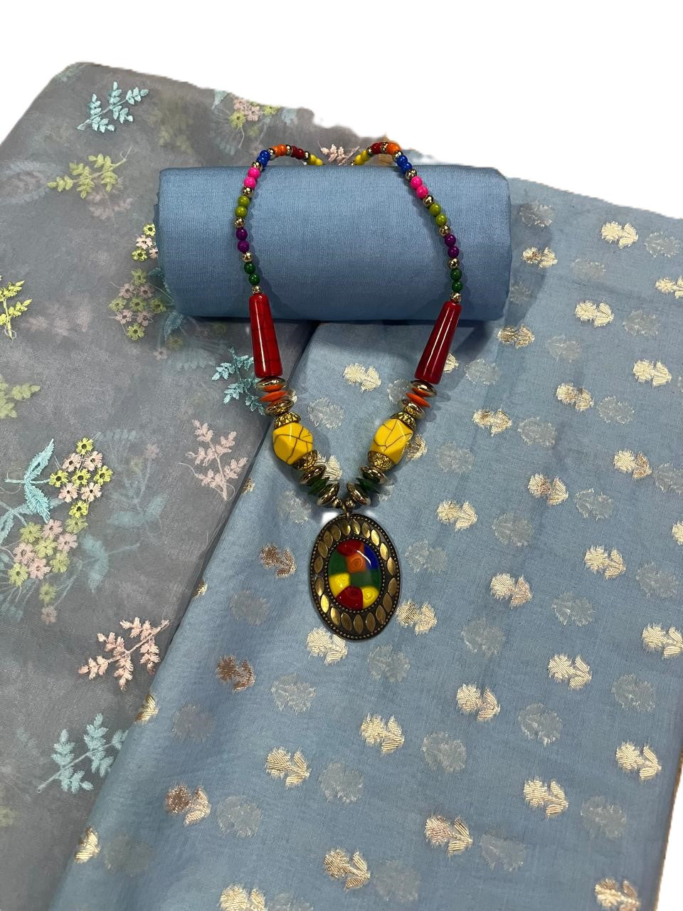 Esra's Handloom/Hand Woven Banarasi 3 Pc Mercerised Lurex Cotton Fabric .