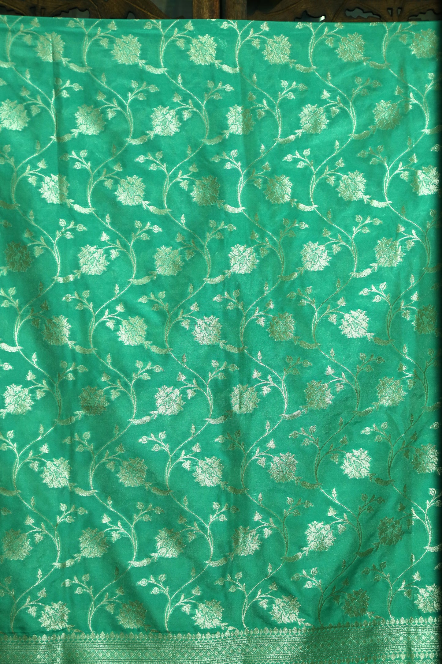 Esra's Handloom Banarasi Semi-Silk Sea Green Colored Zari Floral Jaal Kadwa Booti Dupatta