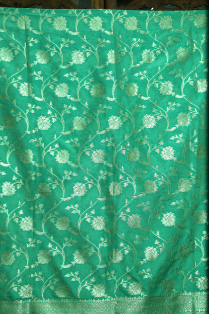 Esra's Handloom Banarasi Semi-Silk Sea Green Colored Zari Floral Jaal Kadwa Booti Dupatta