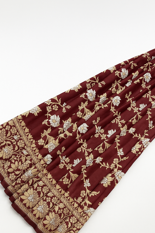 Esra's Handloom/Handwoven Banarasi Gold & Brown Kadwa Weave Katan Silk Saree