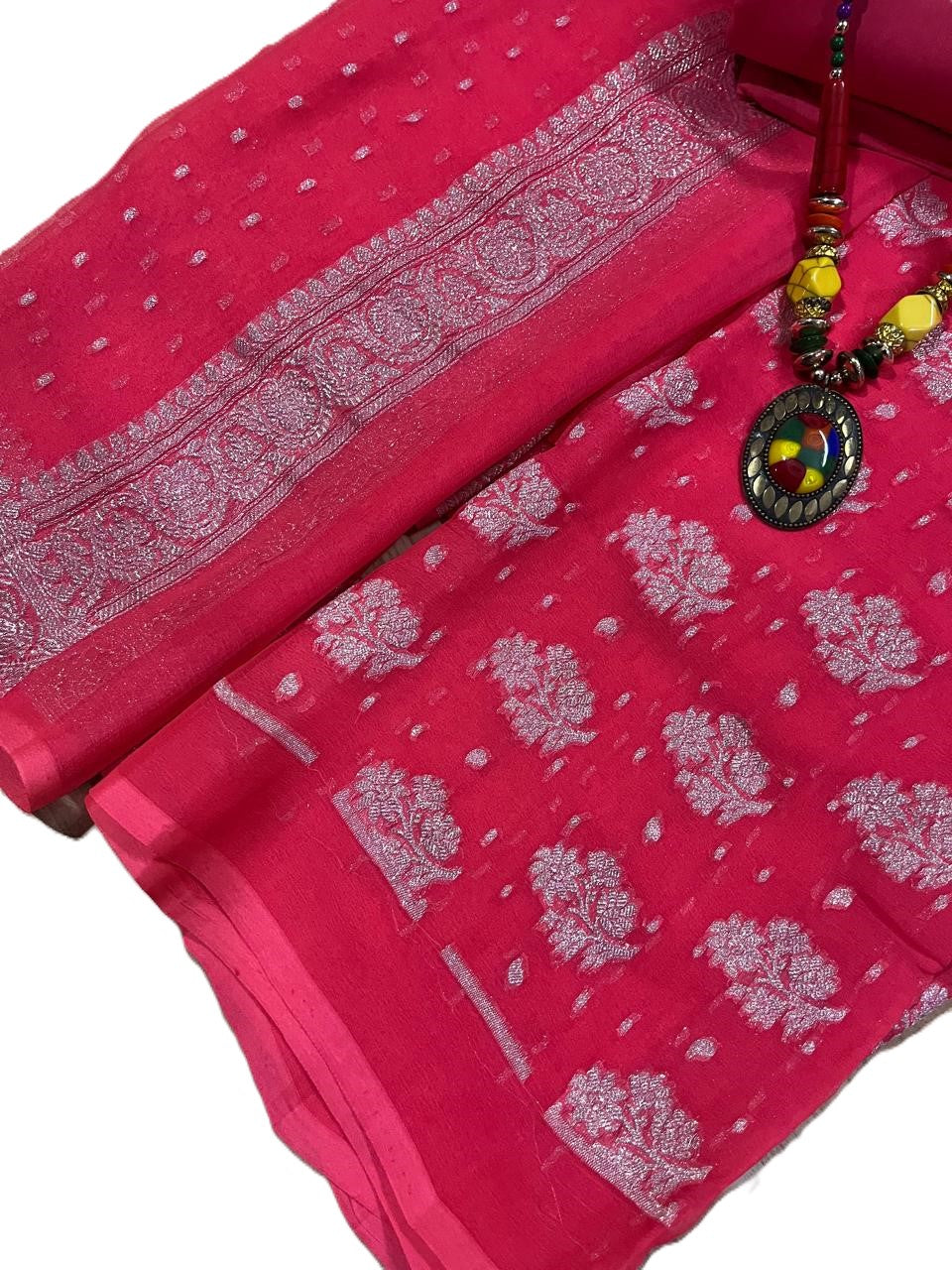 Esra's Handloom/Hand Woven Banarasi 3 Pc Chiffon Khaddi Georgette Fabric.