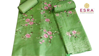 Esra's Handloom/Hand Woven Banarasi 3 Pc Cotton Organza Fabric.