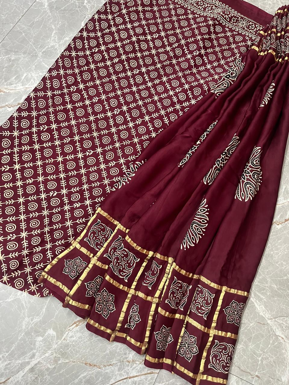 Esra's Handloom Banarasi Ajrakh Print Saree