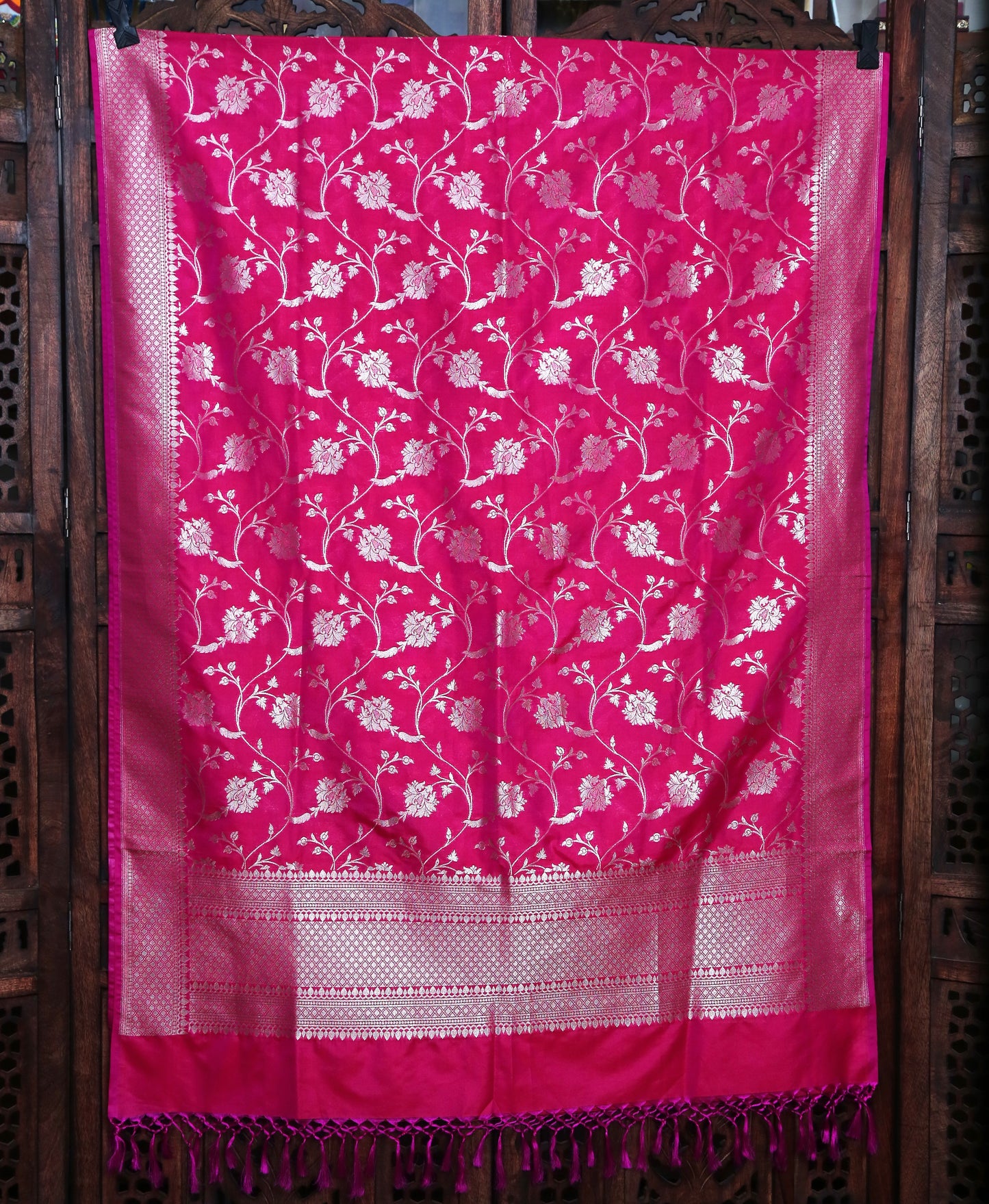 Esra's Handloom Banarasi Semi-Silk Pink Colored Zari Floral Jaal Dupatta