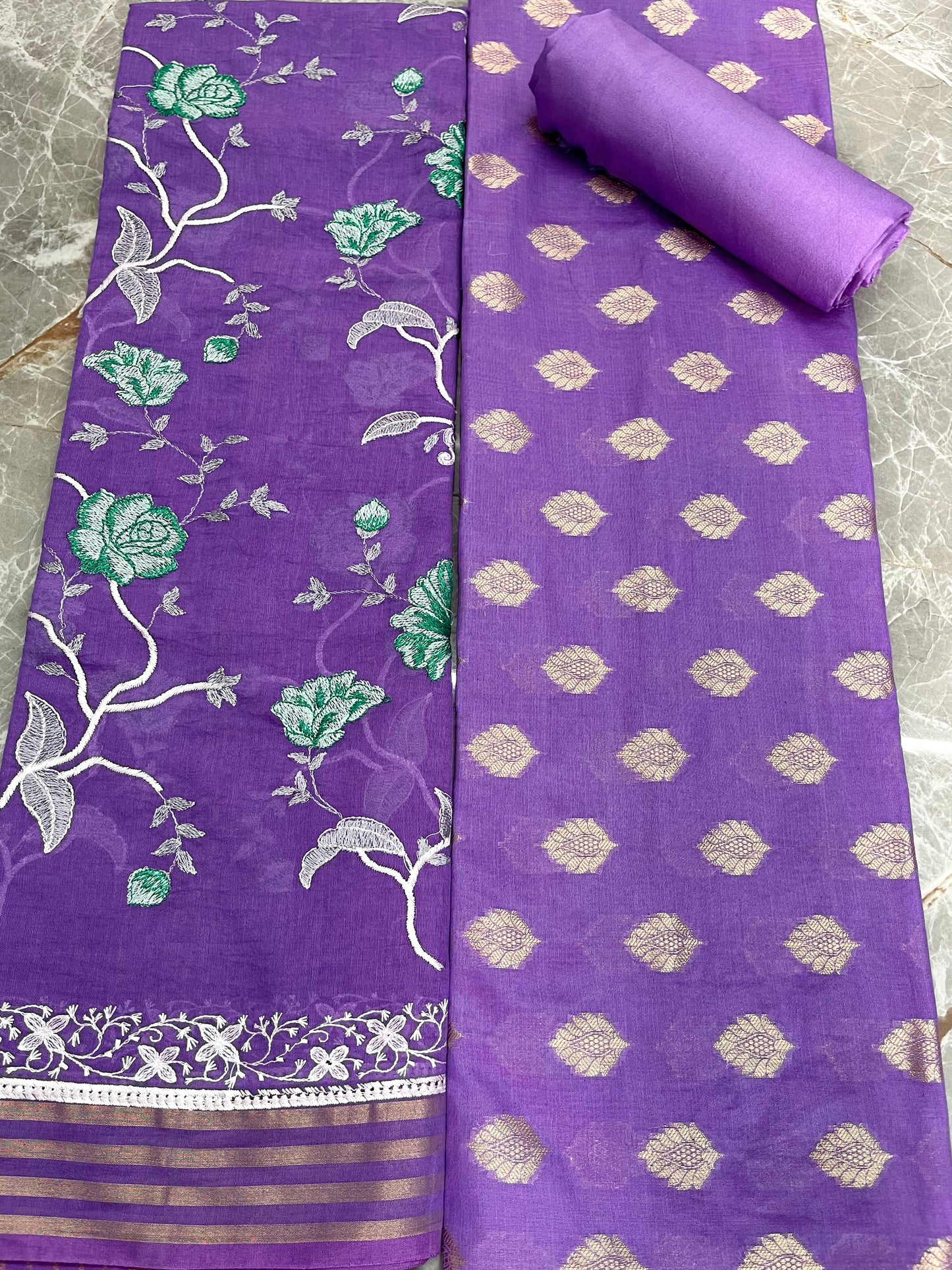 Esra's Handloom/Hand Woven Banarasi 3 Pc Cotton Fabric.