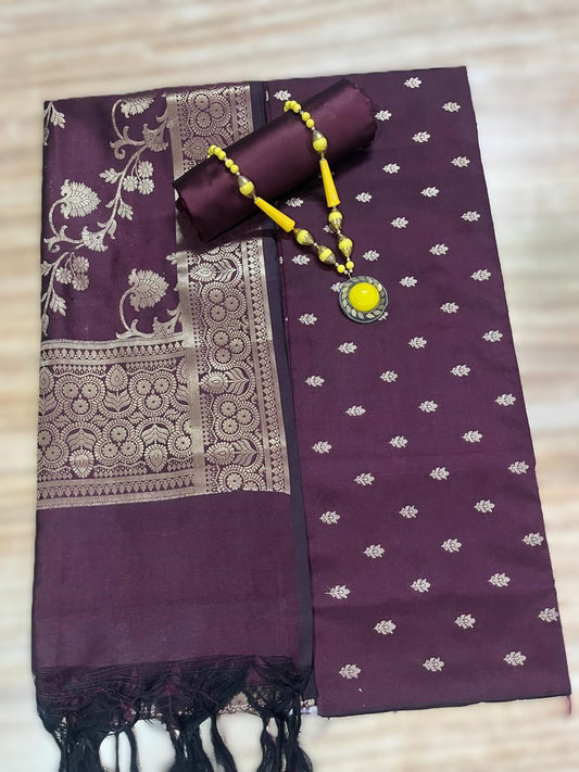 Esra's Handloom/Hand Woven Banarasi 3 Pc Semi Katan Silk Fabric.