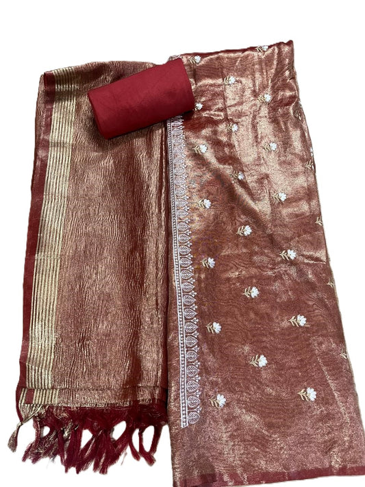 Esra's Handloom/Hand Woven Banarasi 3 Pc Semi Tissue Fabric.
