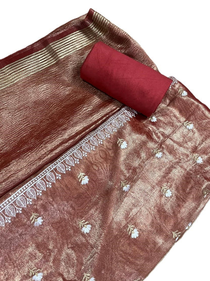 Esra's Handloom/Hand Woven Banarasi 3 Pc Semi Tissue Fabric.