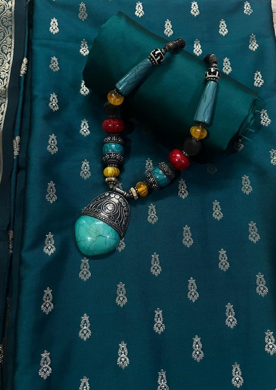 Esra's Handloom/Hand Woven Banarasi 3 Pc Semi Katan Silk Fabric.