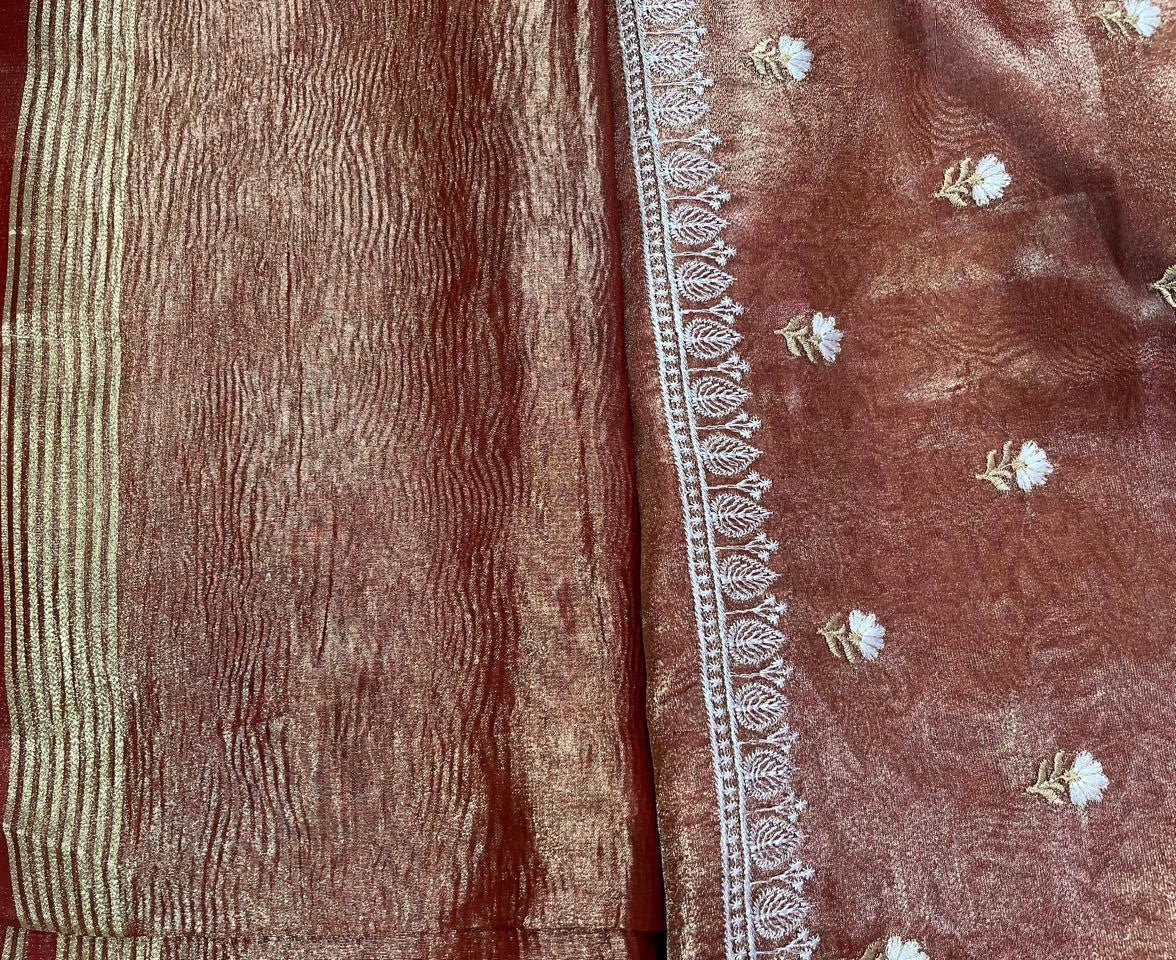 Esra's Handloom/Hand Woven Banarasi 3 Pc Semi Tissue Fabric.