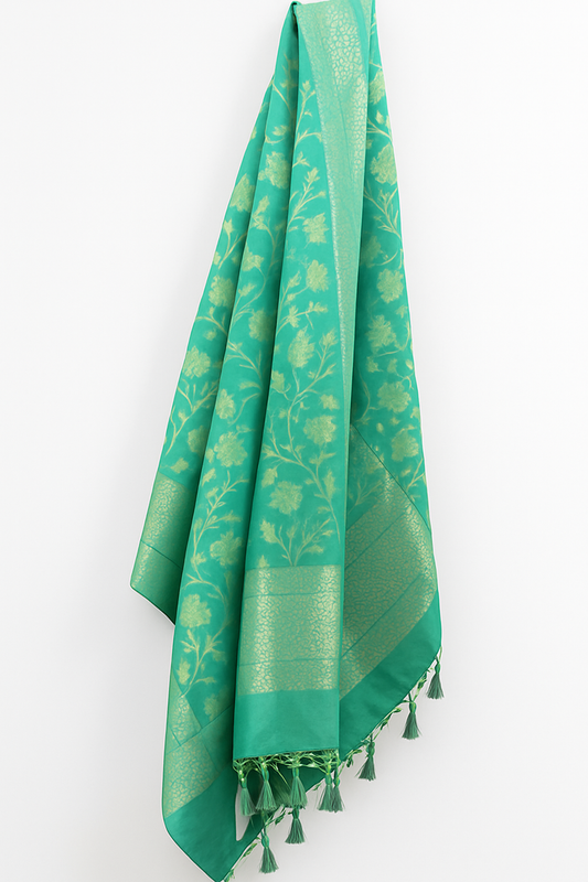 Esra's Handloom Banarasi Semi-Silk Sea Green Colored Zari Floral Jaal Kadwa Booti Dupatta