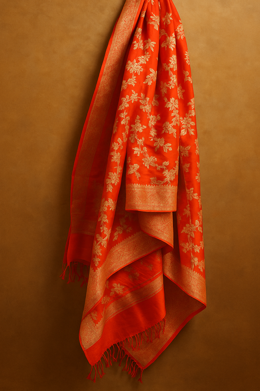 Esra's Handloom/Handwoven Banarasi Katan Silk Zari Kadwa Jaal Dupatta