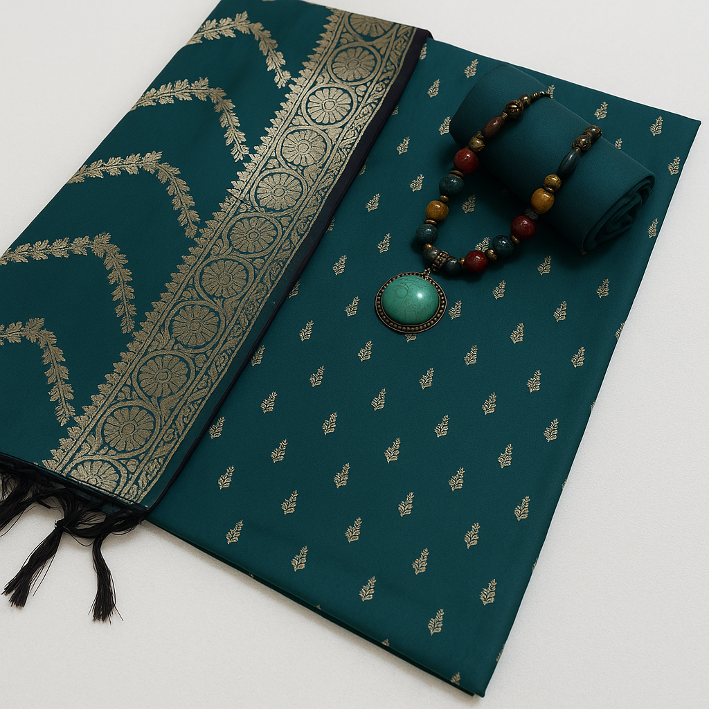 Esra's Handloom/Hand Woven Banarasi 3 Pc Semi Katan Silk Fabric.
