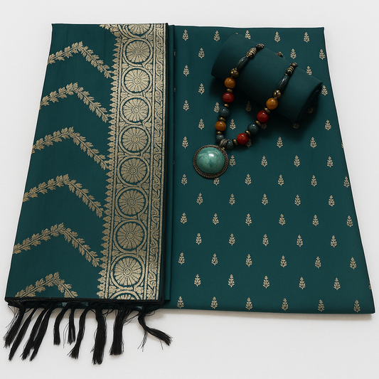 Esra's Handloom/Hand Woven Banarasi 3 Pc Semi Katan Silk Fabric.