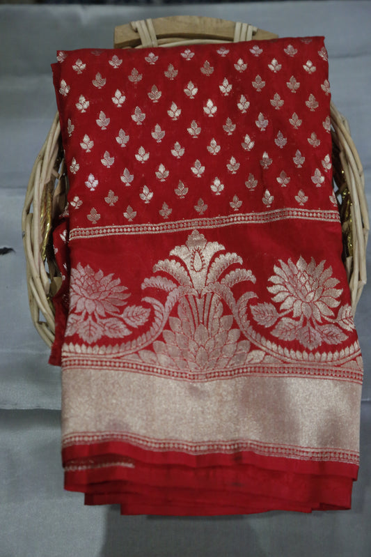 Esra's Handloom/Handwoven Banarasi Red Colored Zari Weaved Katan Silk saree