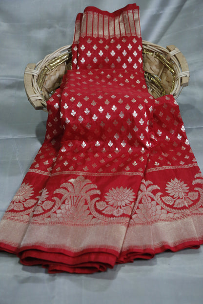 Esra's Handloom/Handwoven Banarasi Red Colored Zari Weaved Katan Silk saree